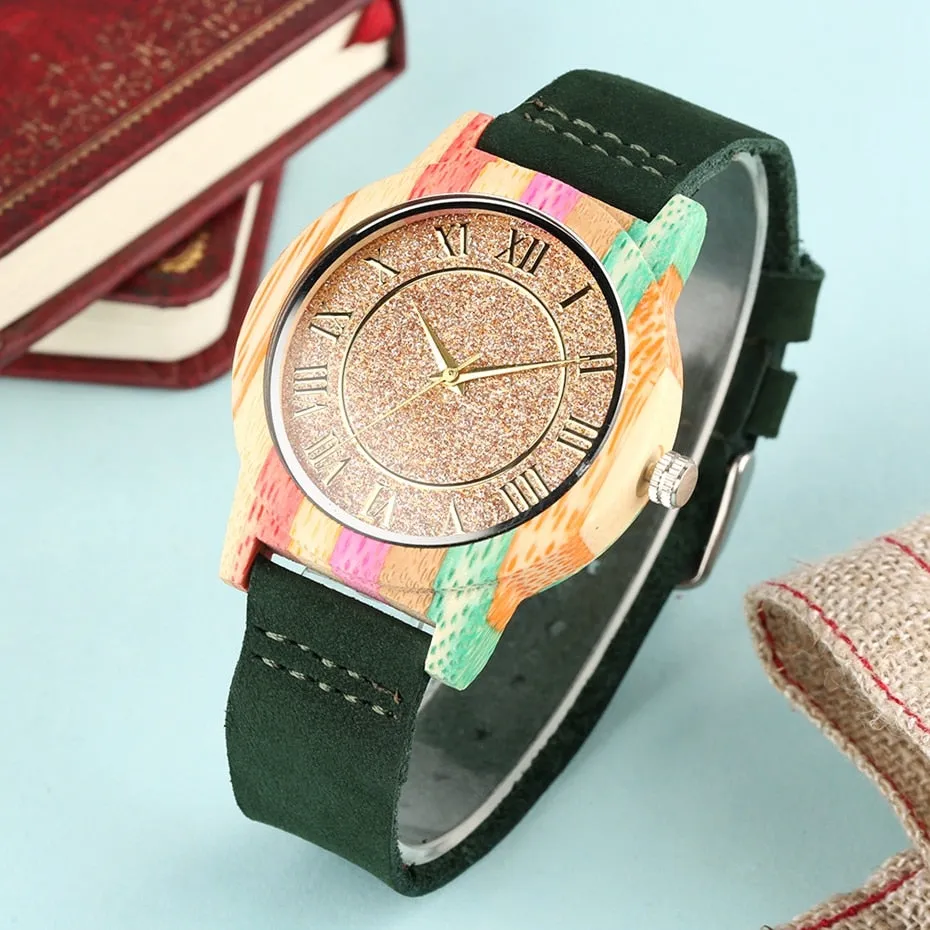 Natural Rainbow Genuine Leather Bamboo Watch