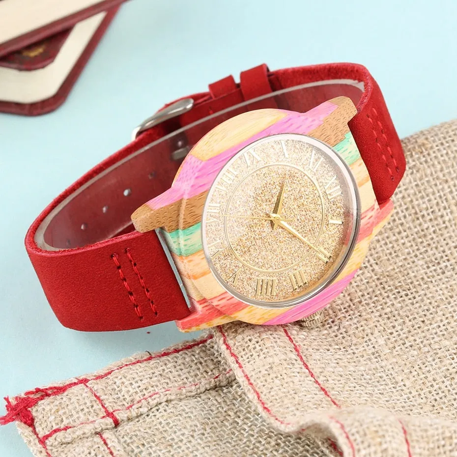 Natural Rainbow Genuine Leather Bamboo Watch