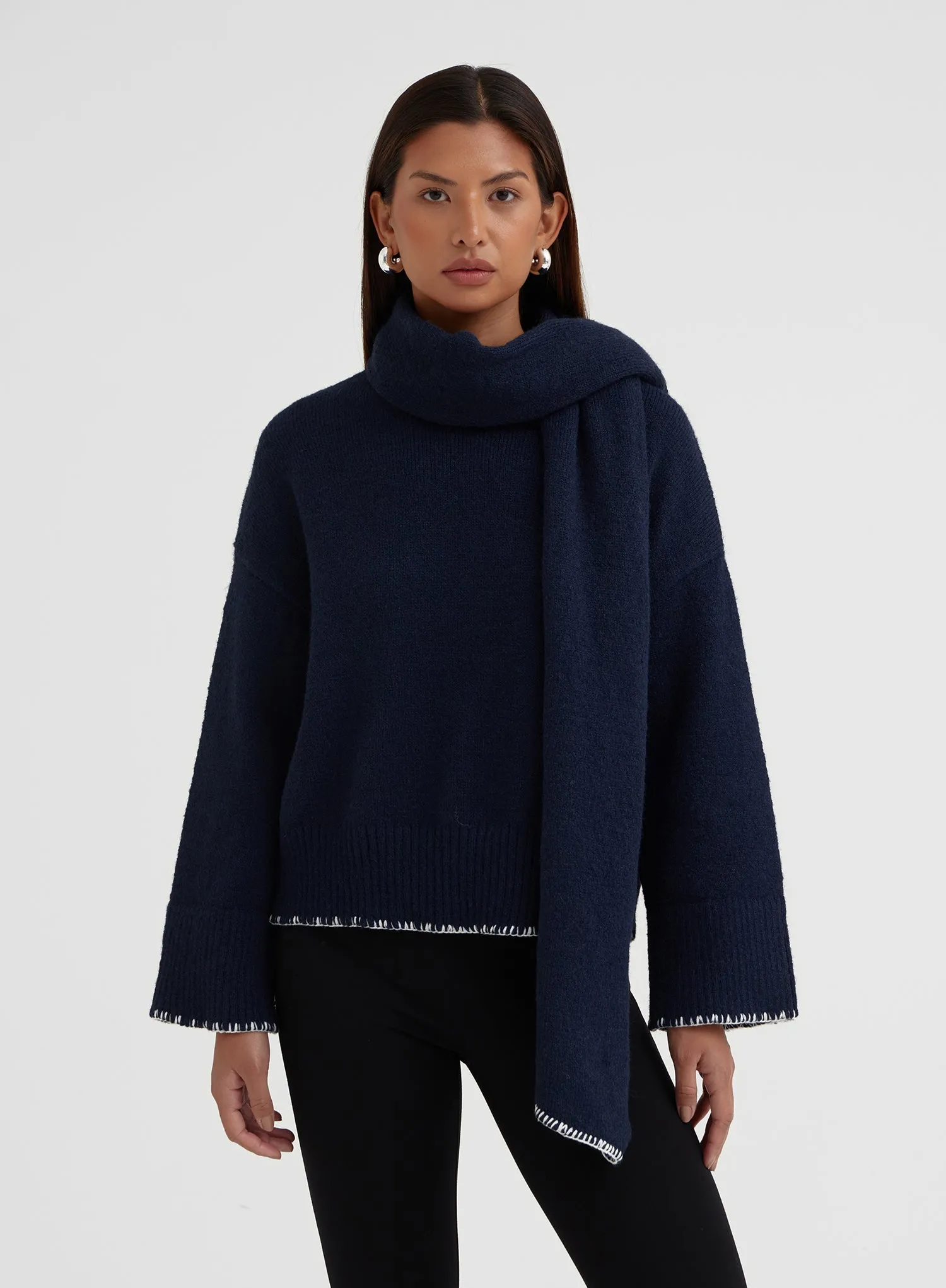 Navy Stitch Detail Knitted Jumper With Scarf - Lily