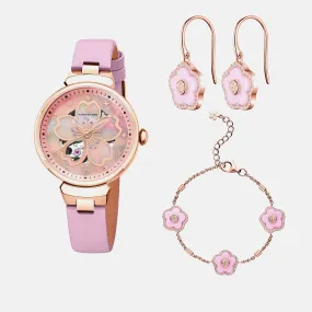 PINK CHERRY BLOSSOM 36MM AUTOMATIC WATCH & FLOWER CERAMIC  JEWELLERIES（EARRINGS & BRACELET）