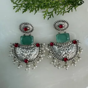 Salvanity German Silver Fashion Jewellery Silver Replica Monalisa stone Chaand Baali Earrings