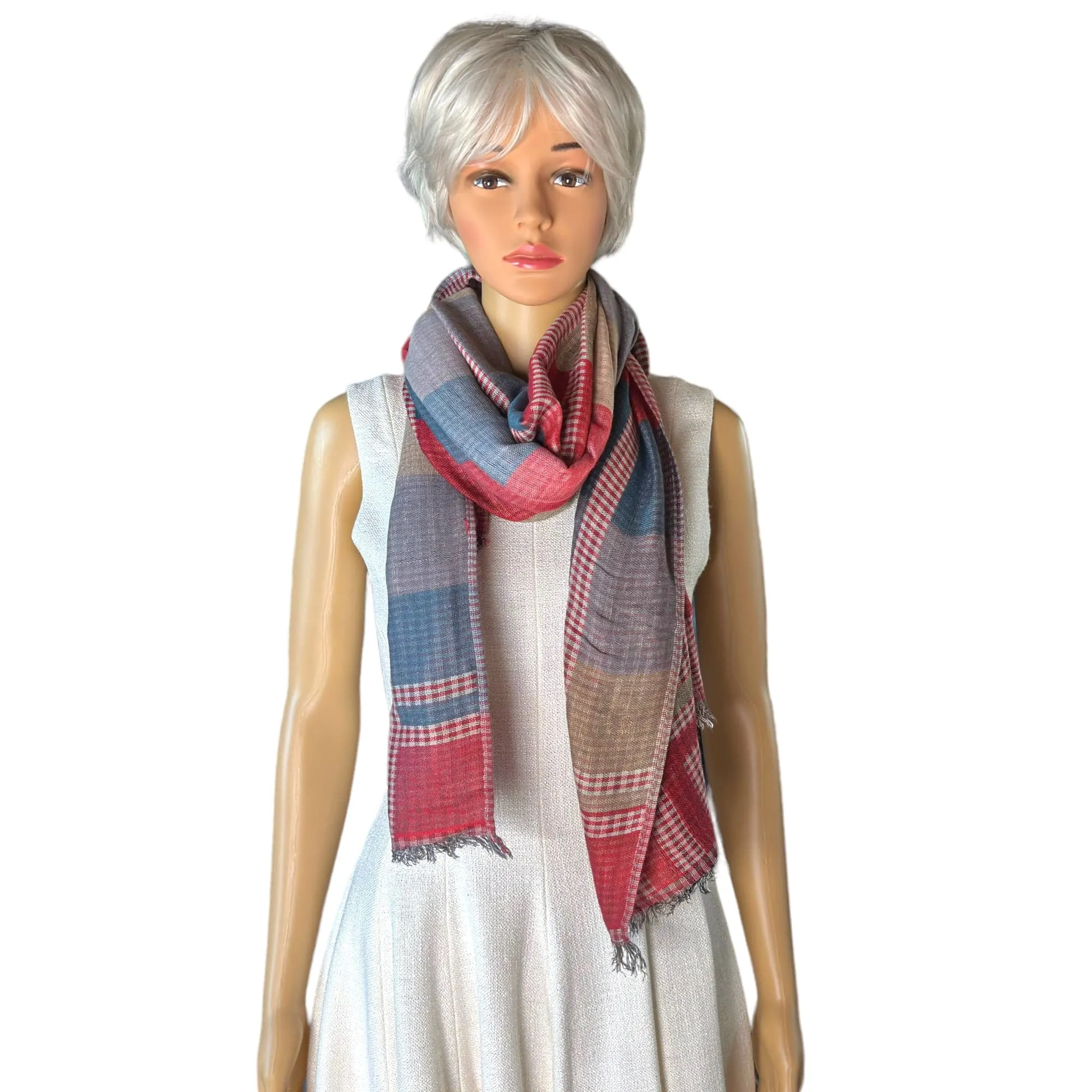 SCARF Gingham Fringe - Red, Tan, Denim Blue