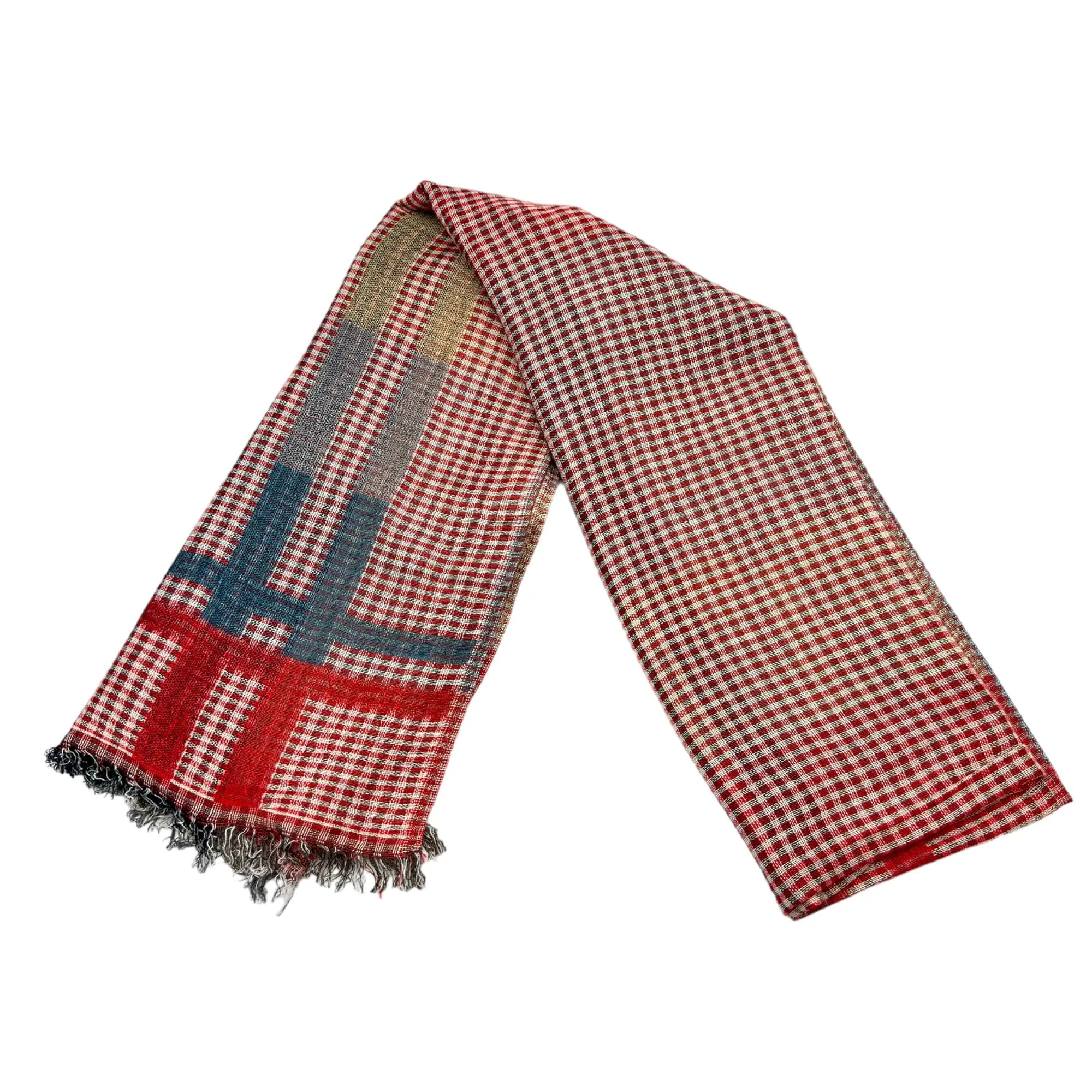 SCARF Gingham Fringe - Red, Tan, Denim Blue