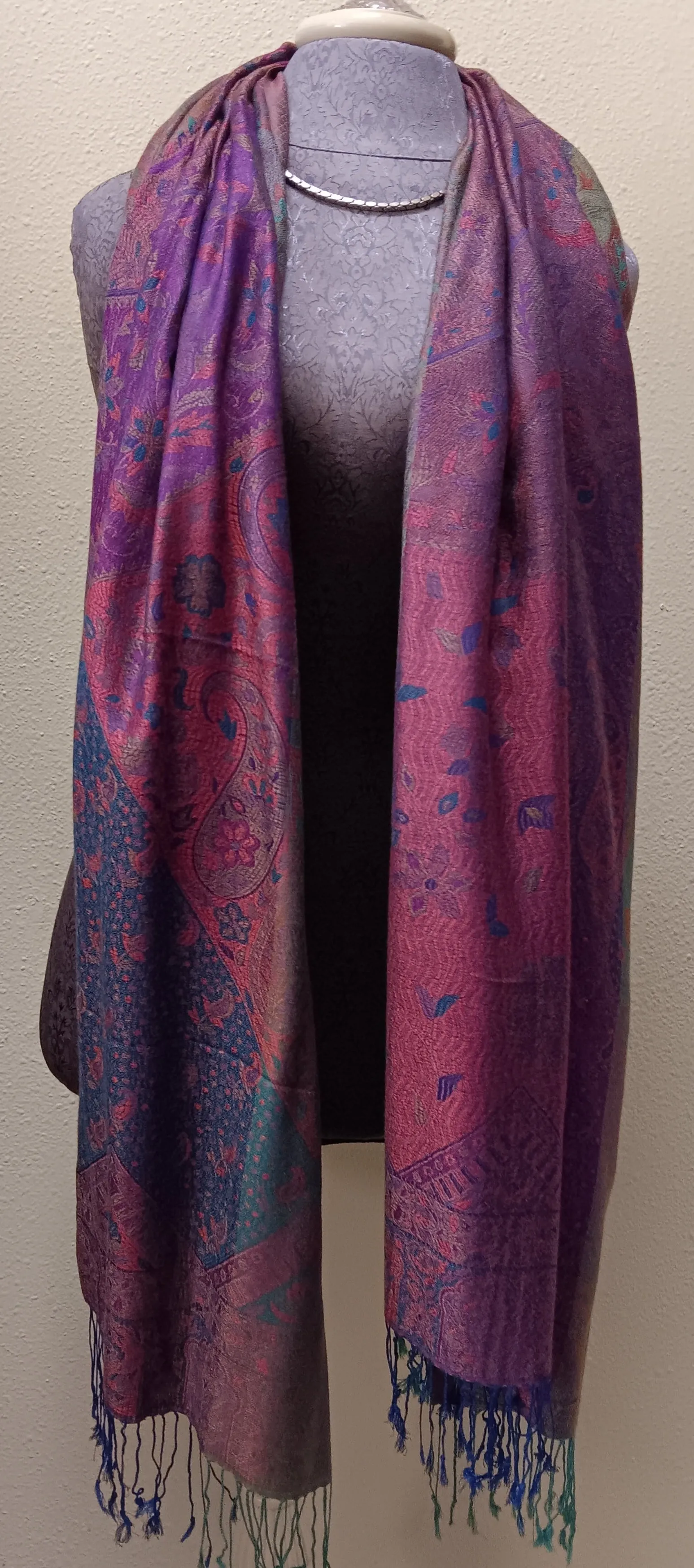 Scarf ~ Silk Pashmina ~ Multi-Colored with Fuchsia Background