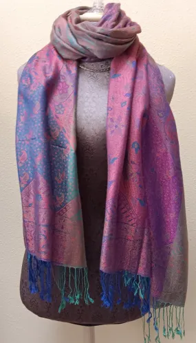 Scarf ~ Silk Pashmina ~ Multi-Colored with Fuchsia Background