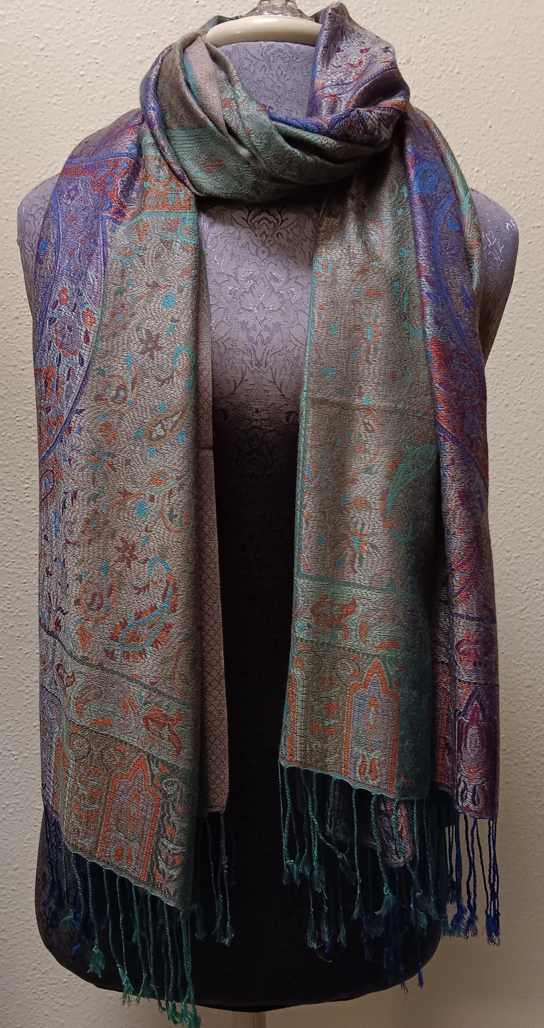 Scarf ~ Silk Pashmina ~ Multi-Colored with Teal Background