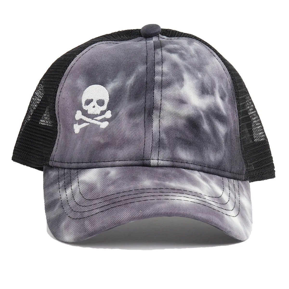 Skull and Crossbone Black Tie Dye High Ponytail Mesh Back CC Ball Cap