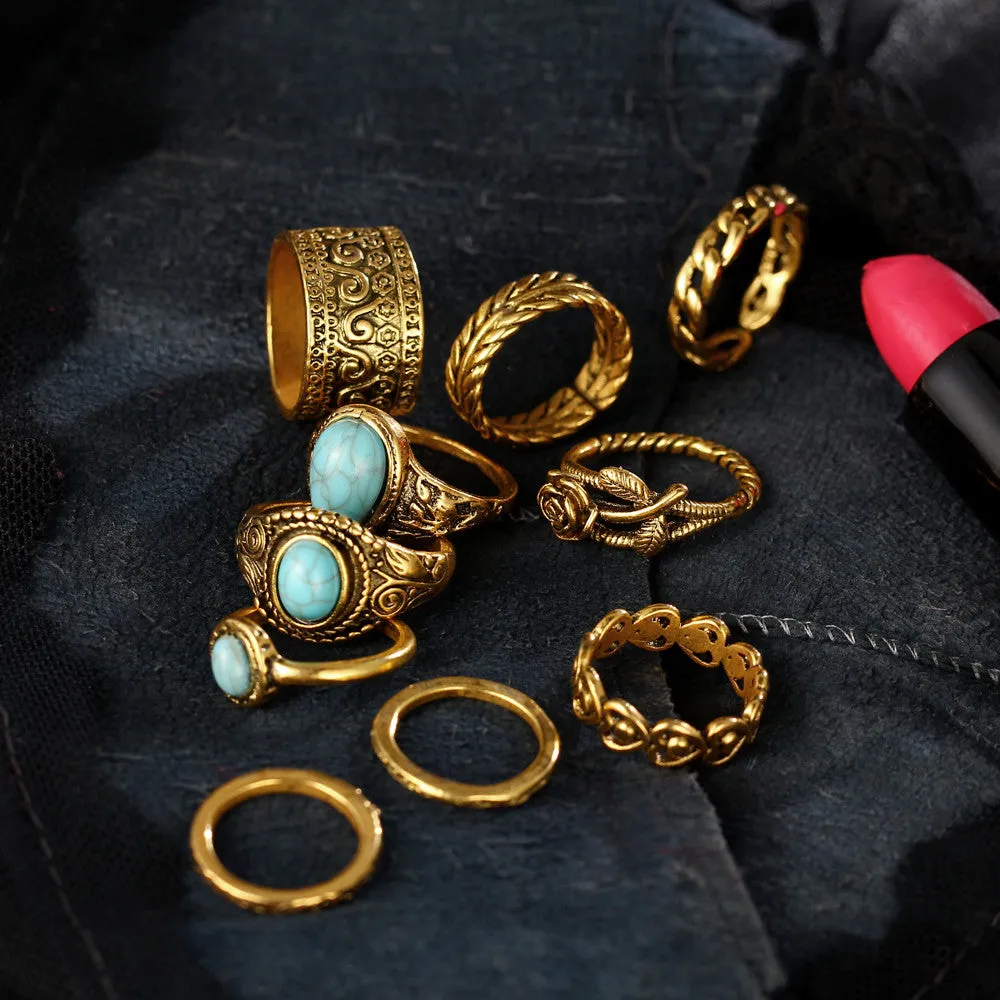 TIBETAN VINTAGE INSPIRED 10 PCS RING SET - GOLD