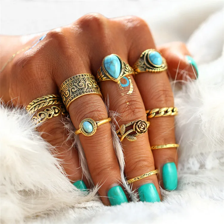 TIBETAN VINTAGE INSPIRED 10 PCS RING SET - GOLD